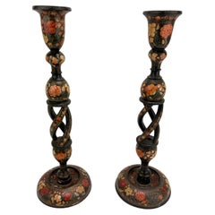 Paar, antike Kashmiri Barley Twist Polychrome dekoriert Kerzenständer 16"