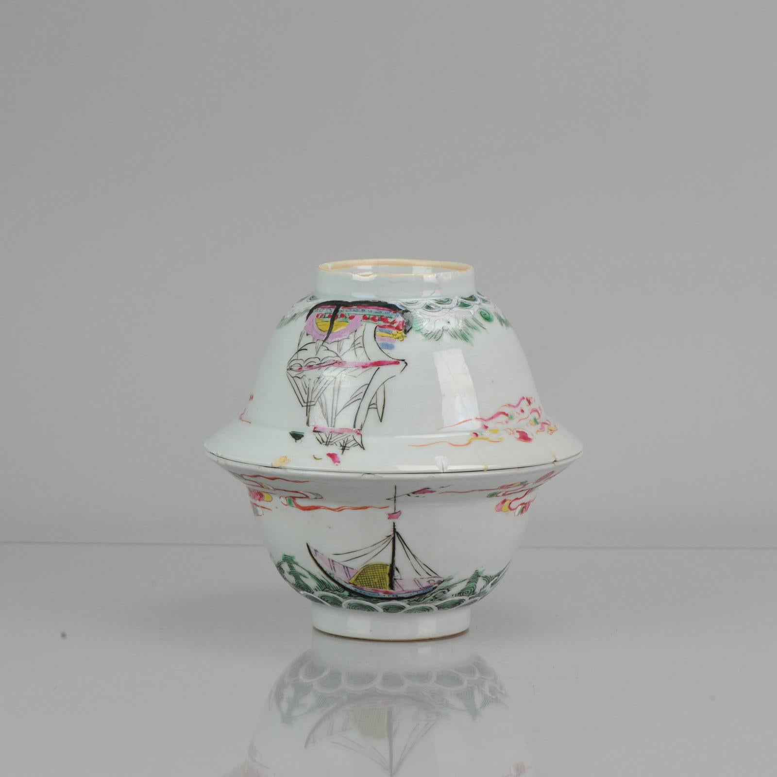 Two very nicely decorated Late Kangxi / early Yongzheng Klapmutsen/Bowls
Decorated in opaque enamels of the famille rose palette (fencai) with an European boat waiting the arrival of the Chinese pilot to take her to Canton on the banks of Pearl