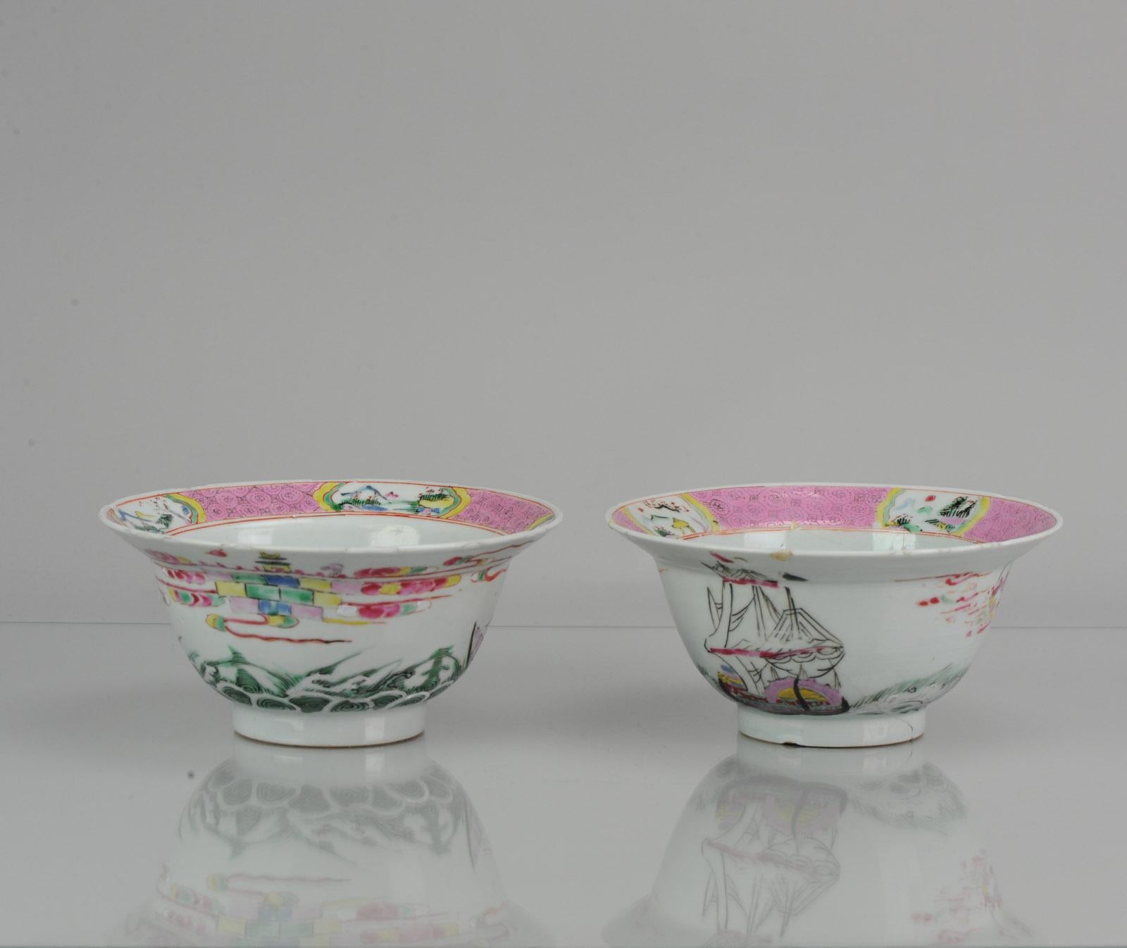 Porcelain Pair Antique Klapmutsen Chinese 18th C Yongzheng Famille Rose Merchant Boat For Sale