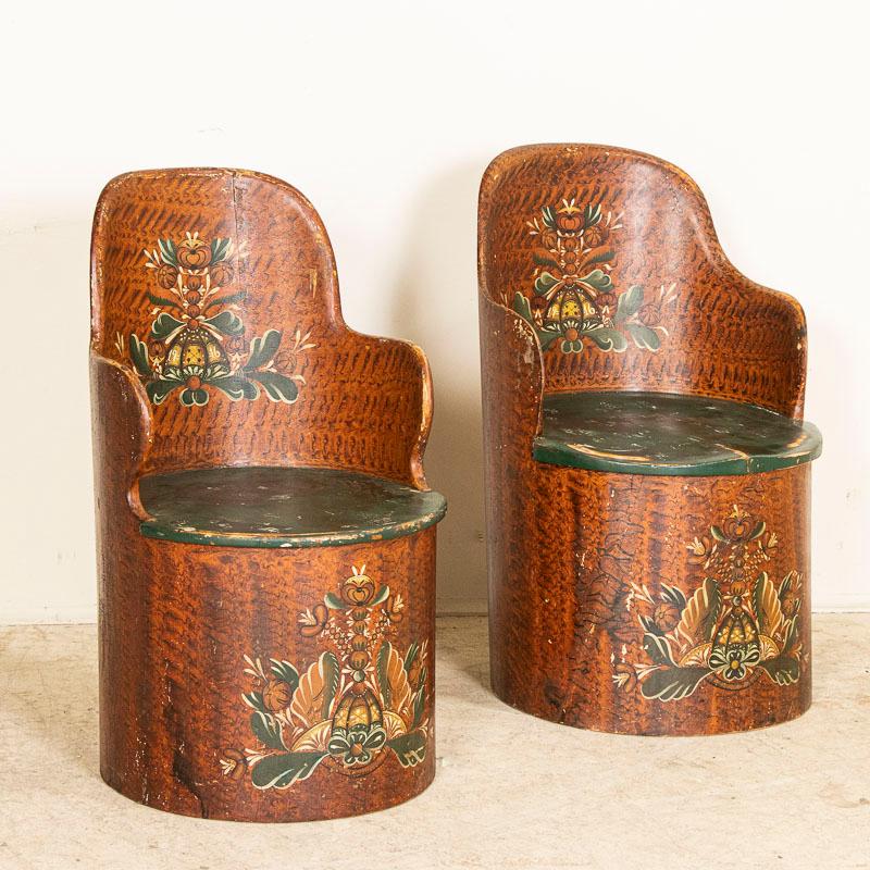 Norwegian Pair, Antique Kubbestol Chairs with Original Green Yellow and Brown Paint, from