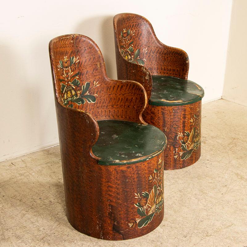 Wood Pair, Antique Kubbestol Chairs with Original Green Yellow and Brown Paint, from