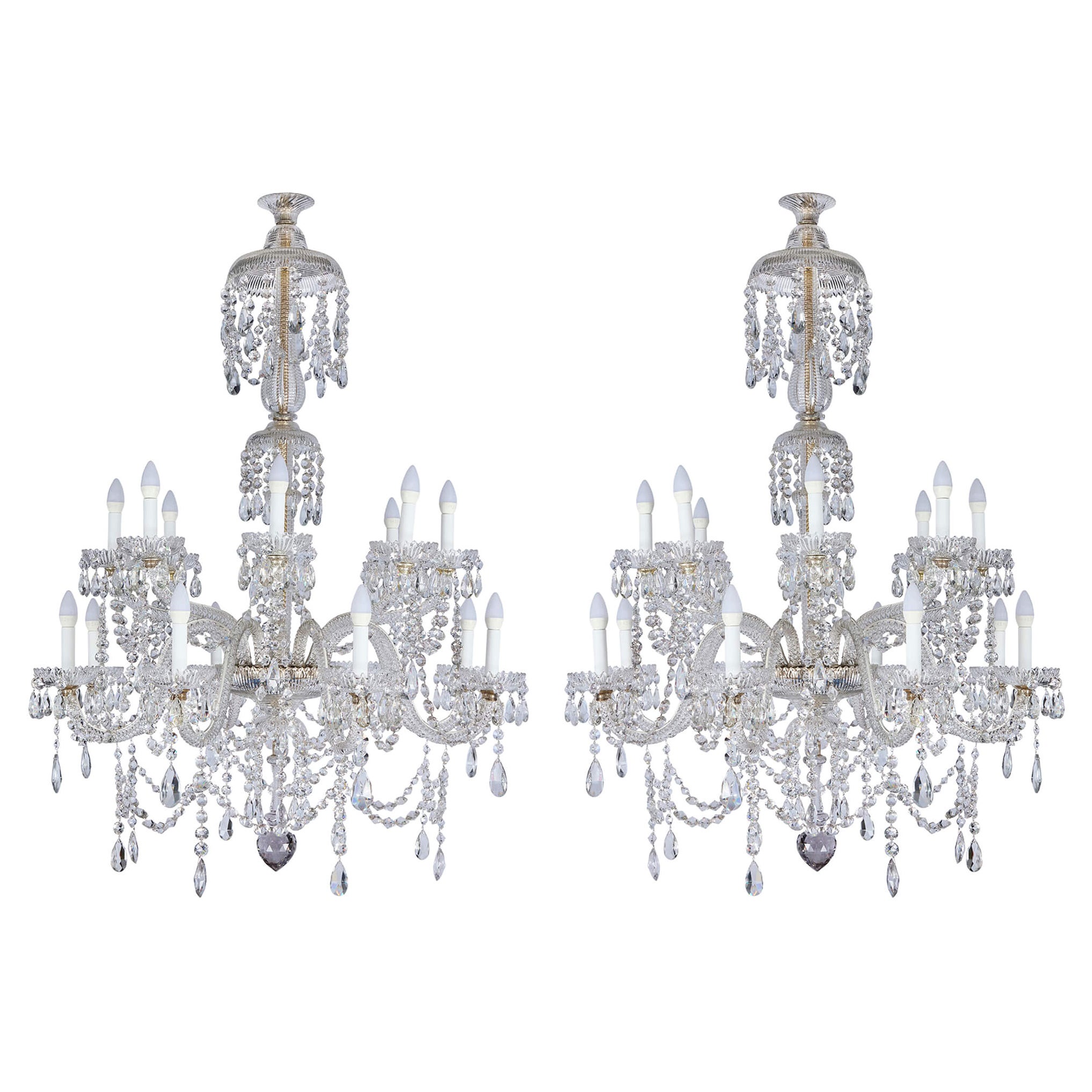 Pair Antique Large English Victorian Cut Clear Glass Chandeliers Perry & Co