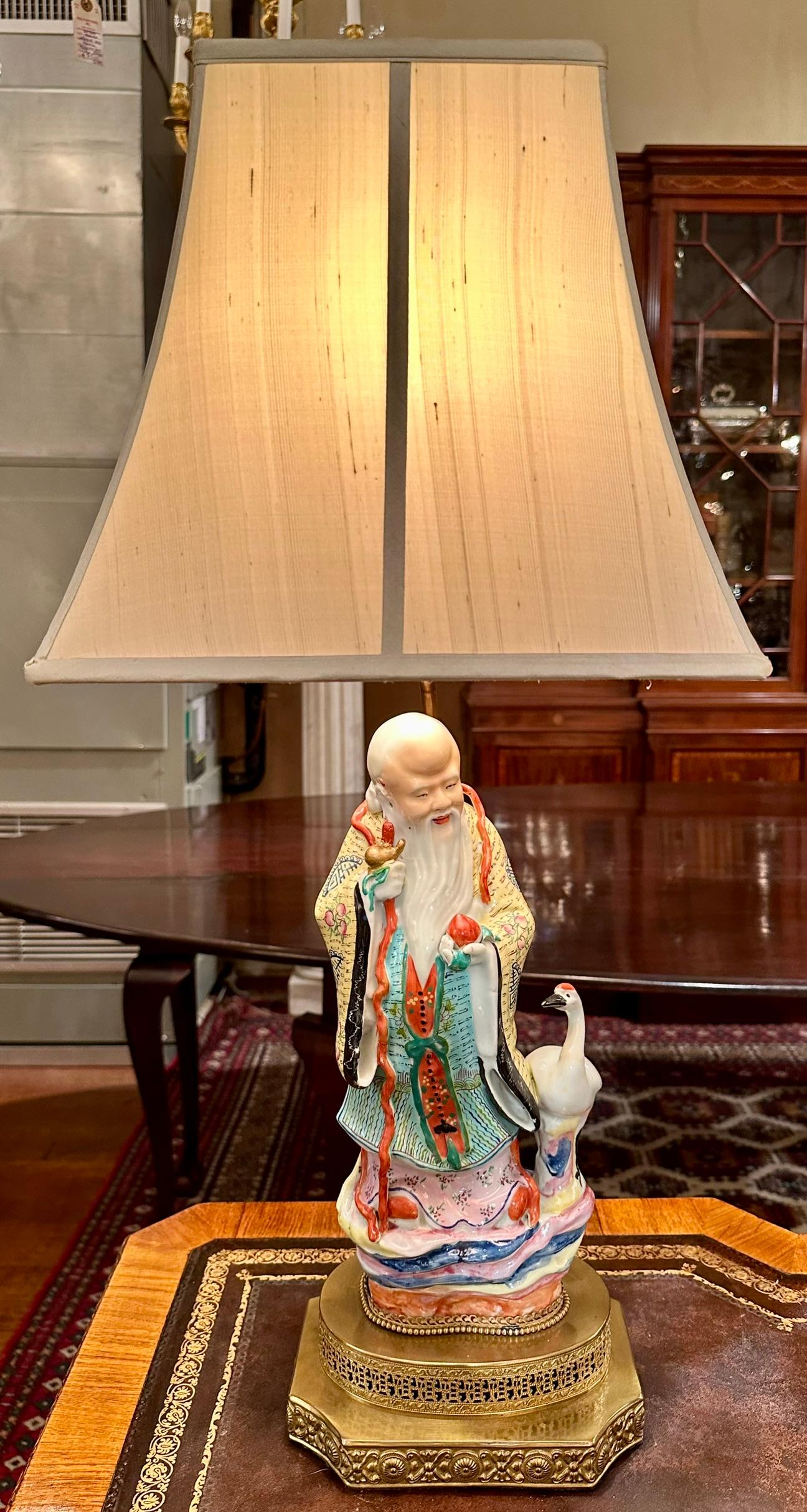 Pair Antique Late 19th Century Chinese Porcelain Figural Lamps. 
Symbolic Wise Man and Quan Yin / Mother Figure