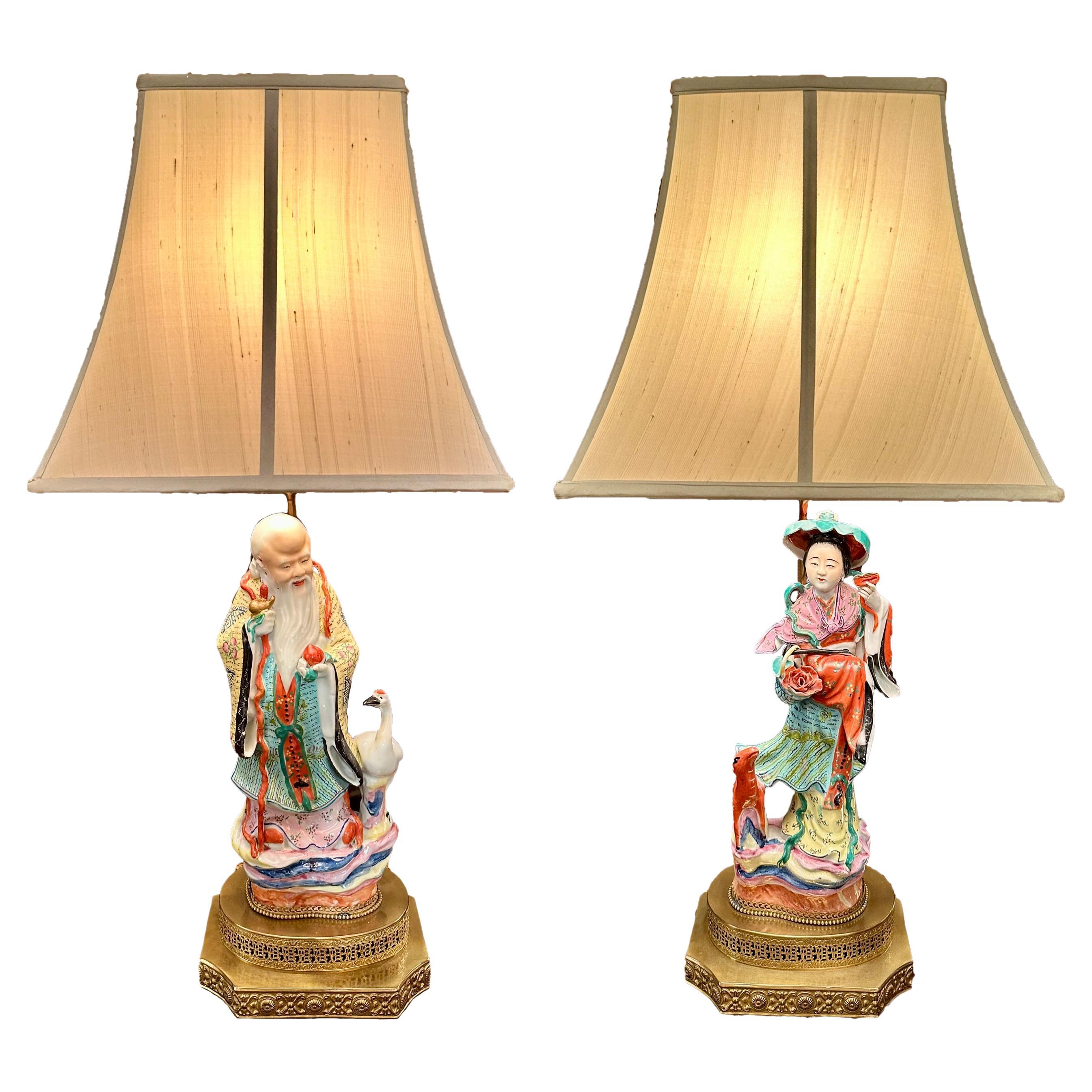 Pair Antique Late 19th Century Chinese Porcelain Figural Lamps