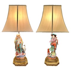 Pair Antique Late 19th Century Chinese Porcelain Figural Lamps