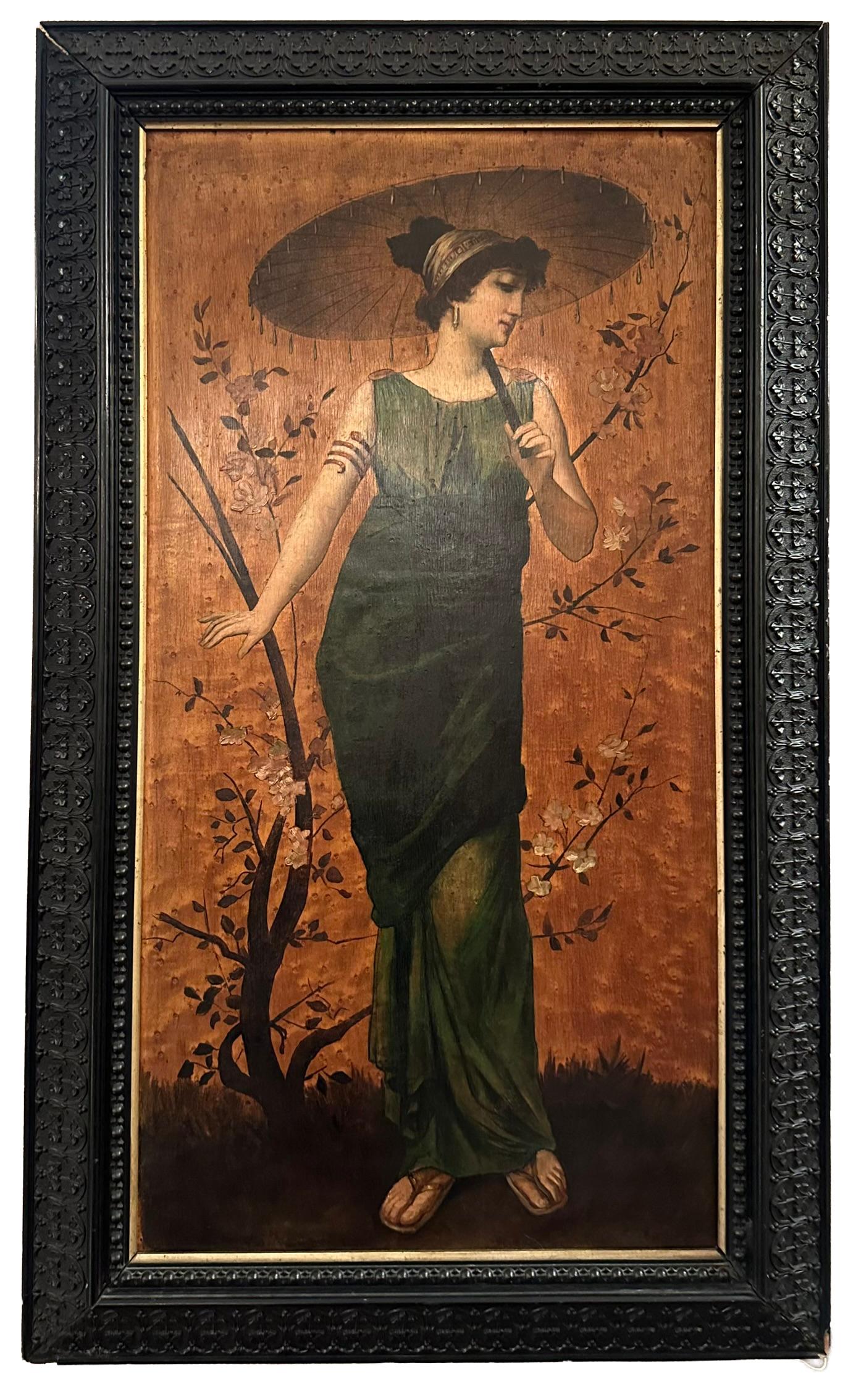 Pair Antique Late 19th Century English Pre-Raphaelite Öl auf Board Gemälde.
Die Ära von William Morris