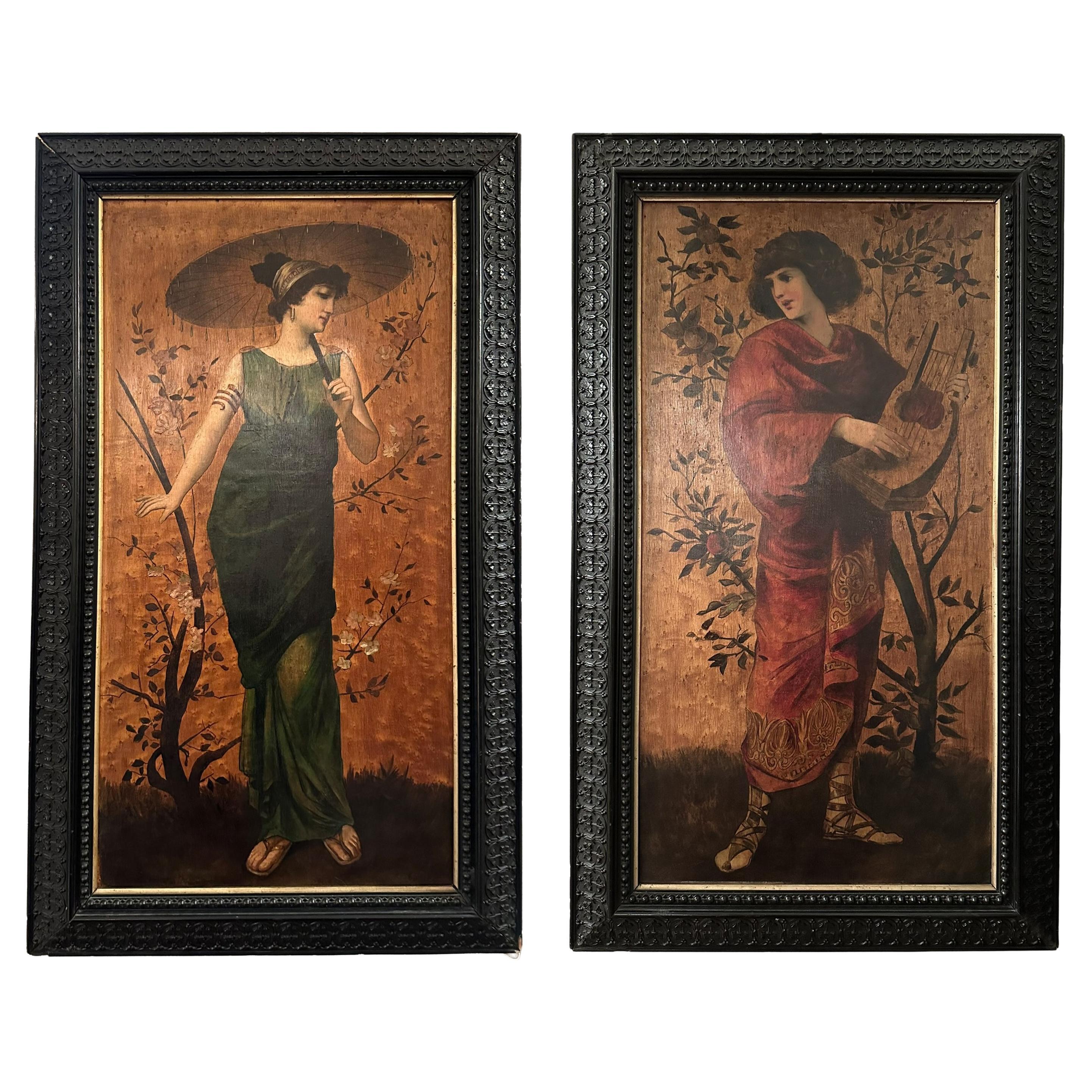 Pair Antique Late 19th Century English Pre-Raphaelite Öl auf Board Gemälde. im Angebot