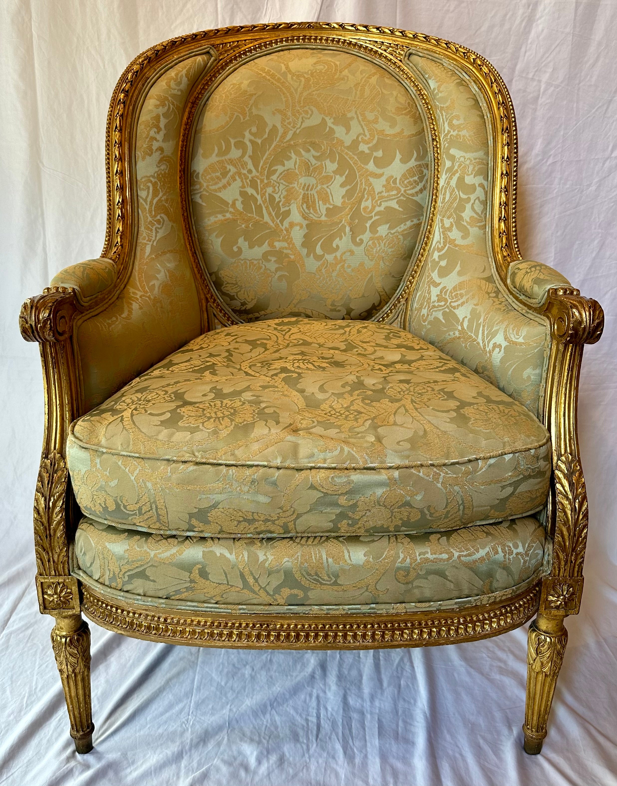 Pair Antique Late 19th Century French Gold Bergere Chairs, Circa 1890.
Fine Scalamandre Upholstery.