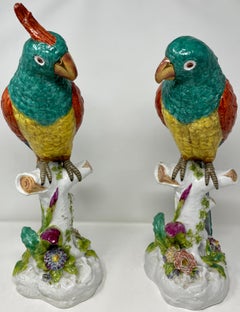 Pair Antique Late 19th Century Hand-Painted Porcelain Parrot Sculptures