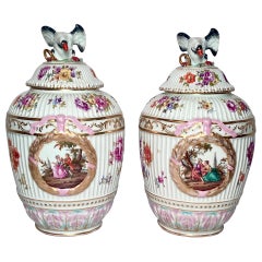 Pair Antique Late 19th Century Porcelain Covered Jars with "Dresden" Marks