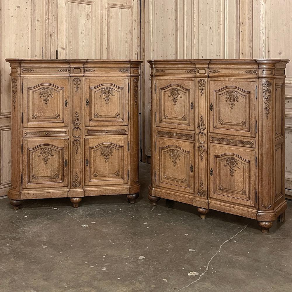 PAIR Antique Liegoise 4 Door Cabinets are a perfect example of the incredibly high quality furnishings for which the region is legendary! handcrafted by master cabinetmakers from solid oak, each features a four door design with two external drawers