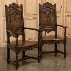 Pair Antique Liegoise Louis XIV Solid Oak Armchairs