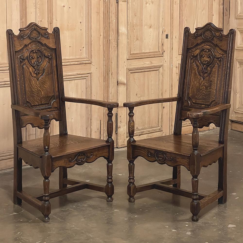 Belgian Pair Antique Liegoise Louis XIV Solid Oak Armchairs For Sale