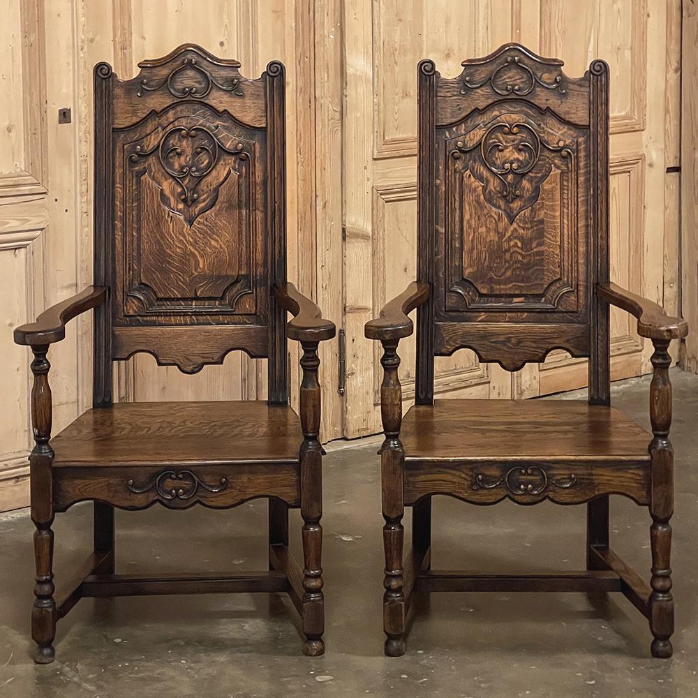 Hand-Crafted Pair Antique Liegoise Louis XIV Solid Oak Armchairs For Sale