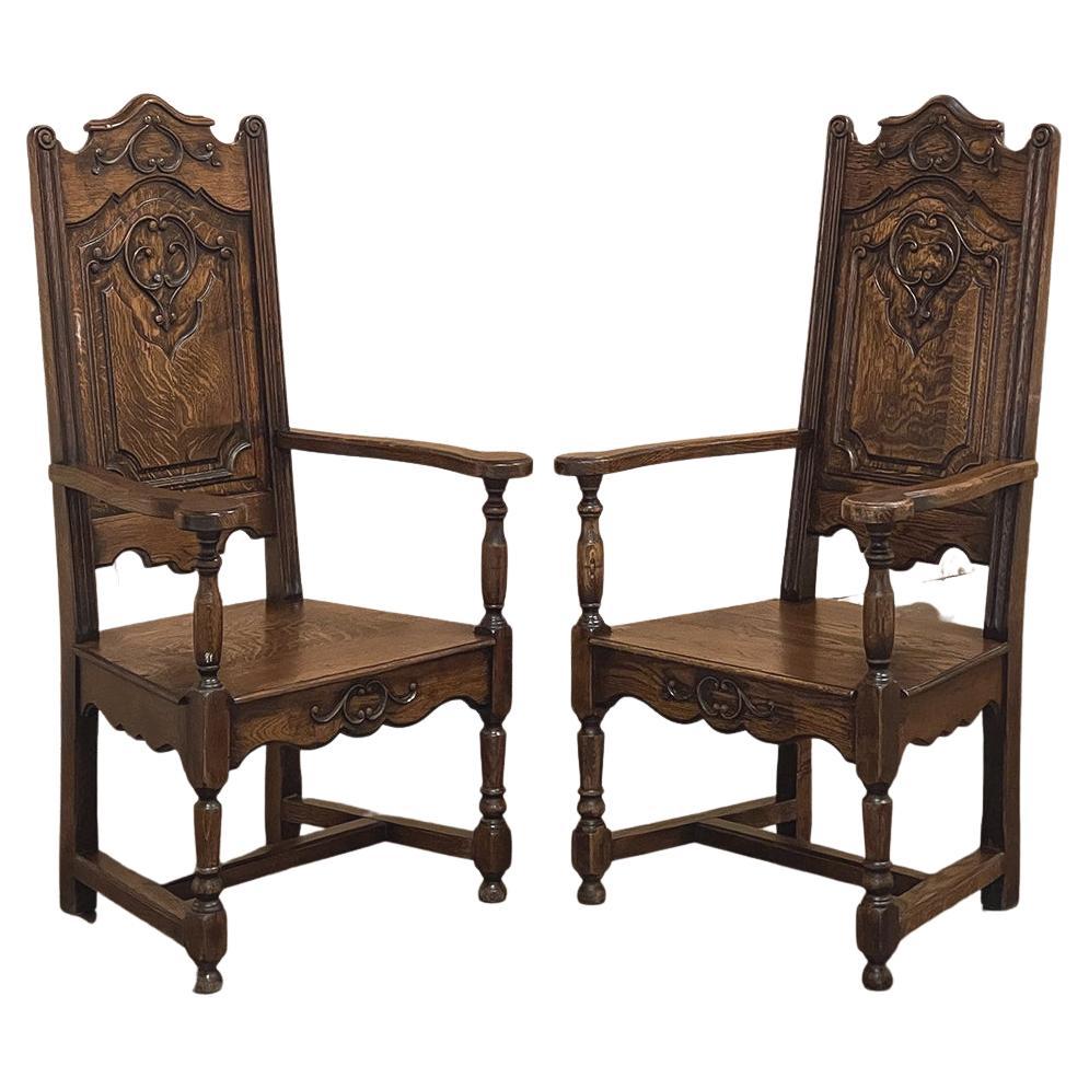 Pair Antique Liegoise Louis XIV Solid Oak Armchairs For Sale