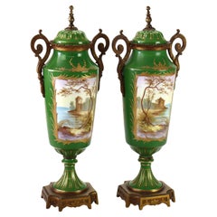 Pair Antique Limoges Porcelain & Ormolu Covered Urns With Genre Scenes c1890