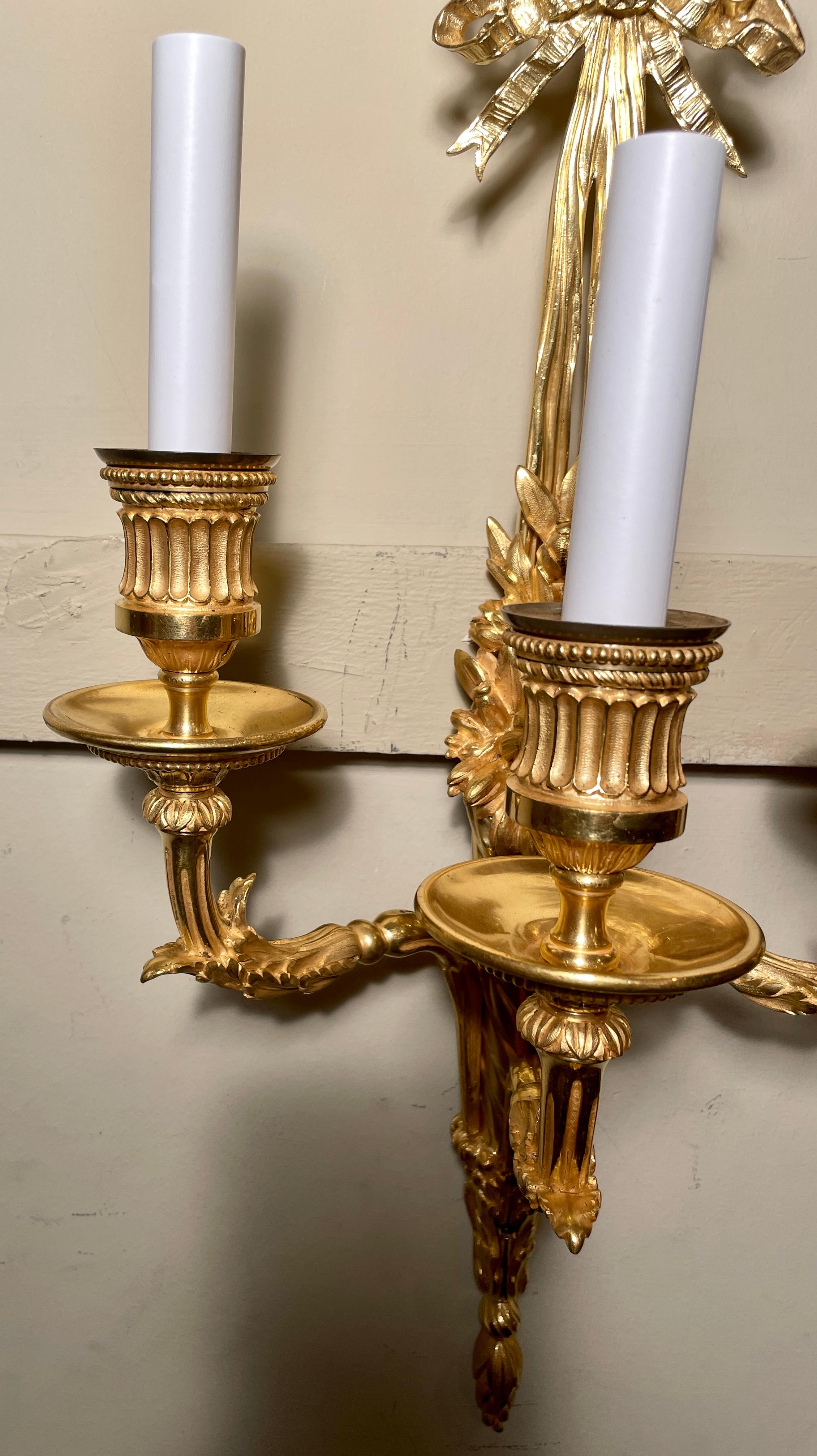 Pair Antique Louis XVI Bronze D'ore Sconces Signed 