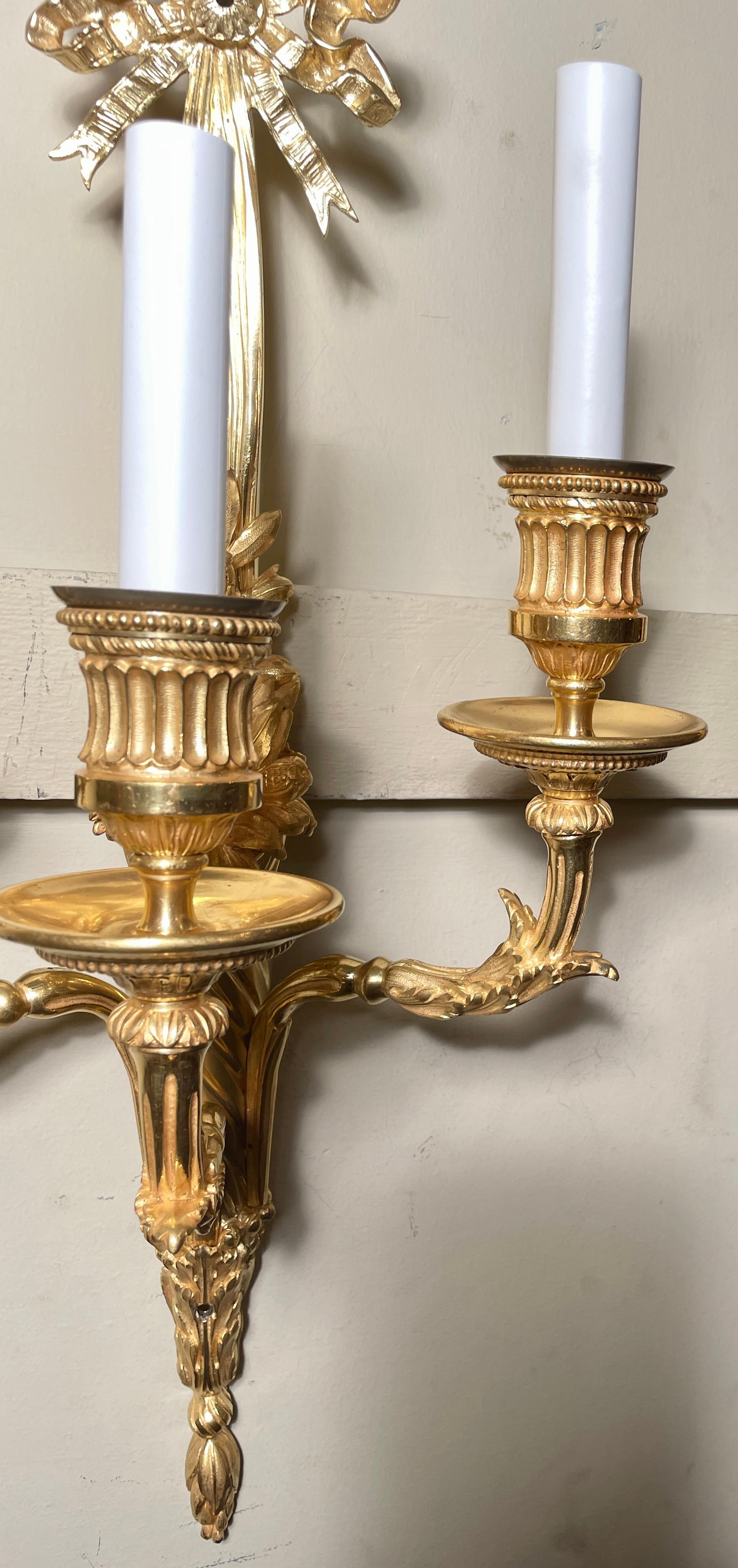 Pair Antique Louis XVI Bronze D'ore Sconces Signed 