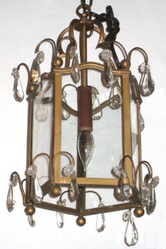 Pair Antique Louis XVI / English Georgian Style Lanterns with Crystal Pendants