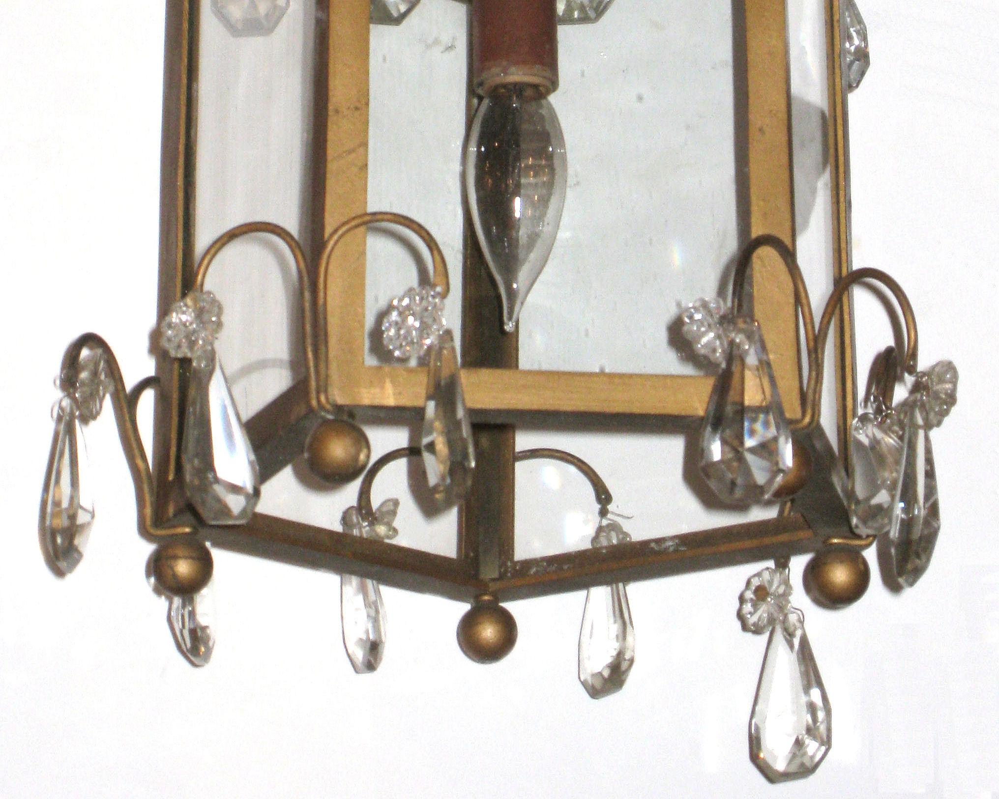19th Century Pair Antique Louis XVI / English Georgian Style Lanterns with Crystal Pendants For Sale