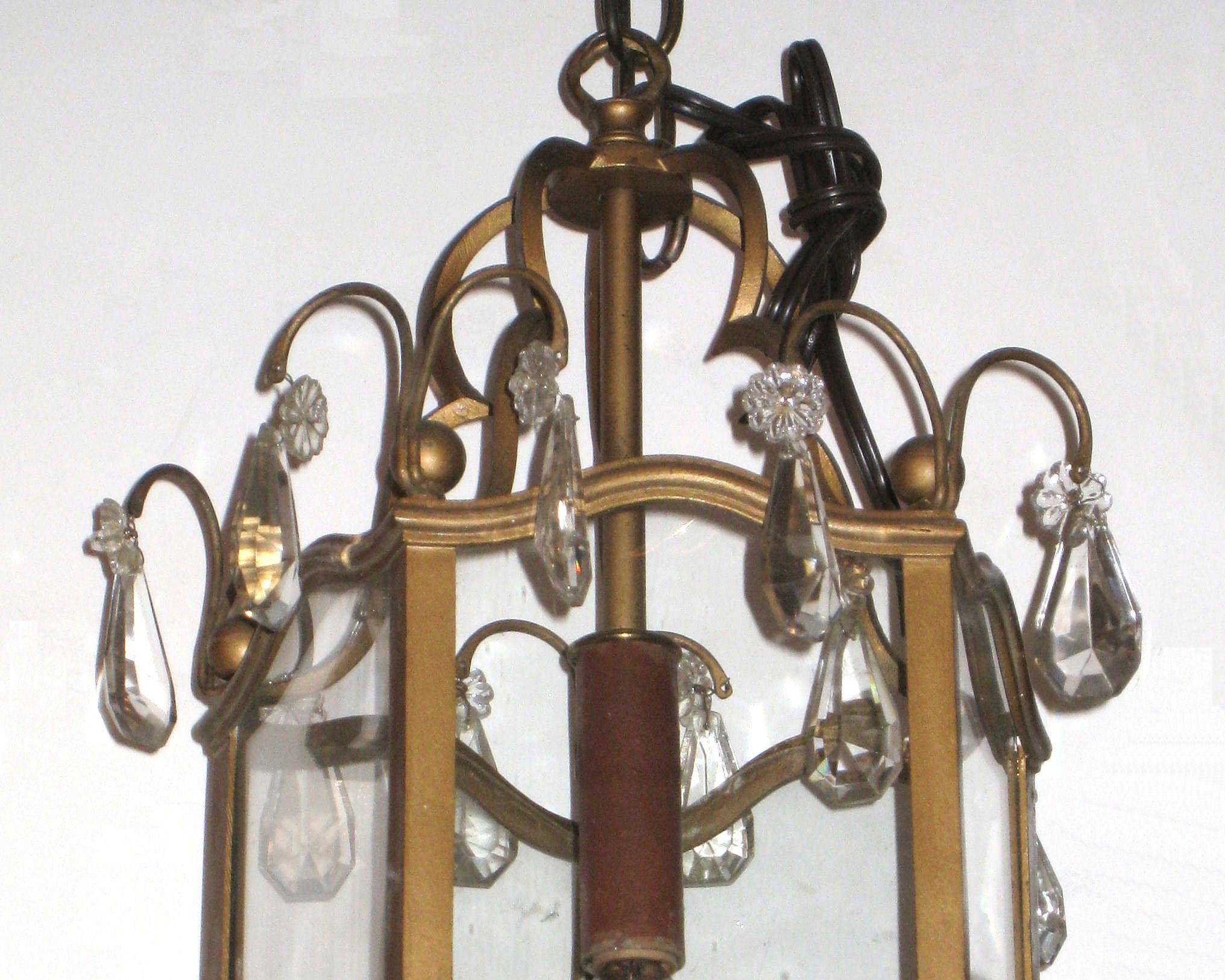 Metal Pair Antique Louis XVI / English Georgian Style Lanterns with Crystal Pendants For Sale