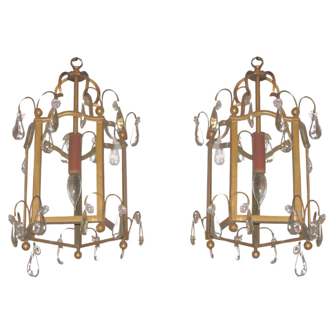 Pair Antique Louis XVI / English Georgian Style Lanterns with Crystal Pendants For Sale