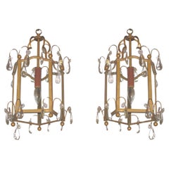 Paire de lanternes anciennes de style géorgien Louis XVI/Angleterre avec pendentifs en cristal