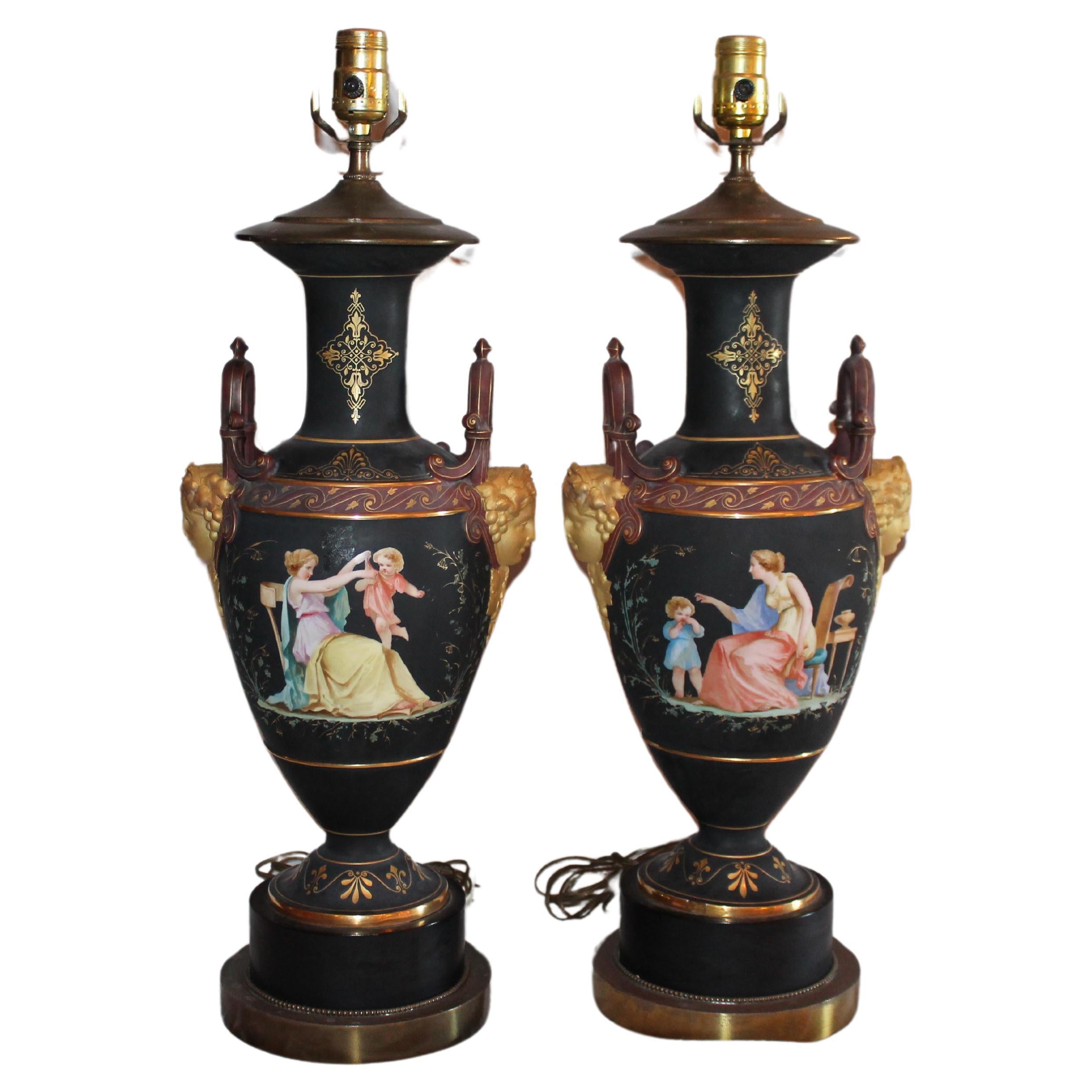 Pair Antique Louis XVI style Black Bisque Cherub & Maiden Decorated Table Lamps