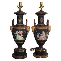 Pair Antique Louis XVI style Black Bisque Cherub & Maiden Decorated Table Lamps