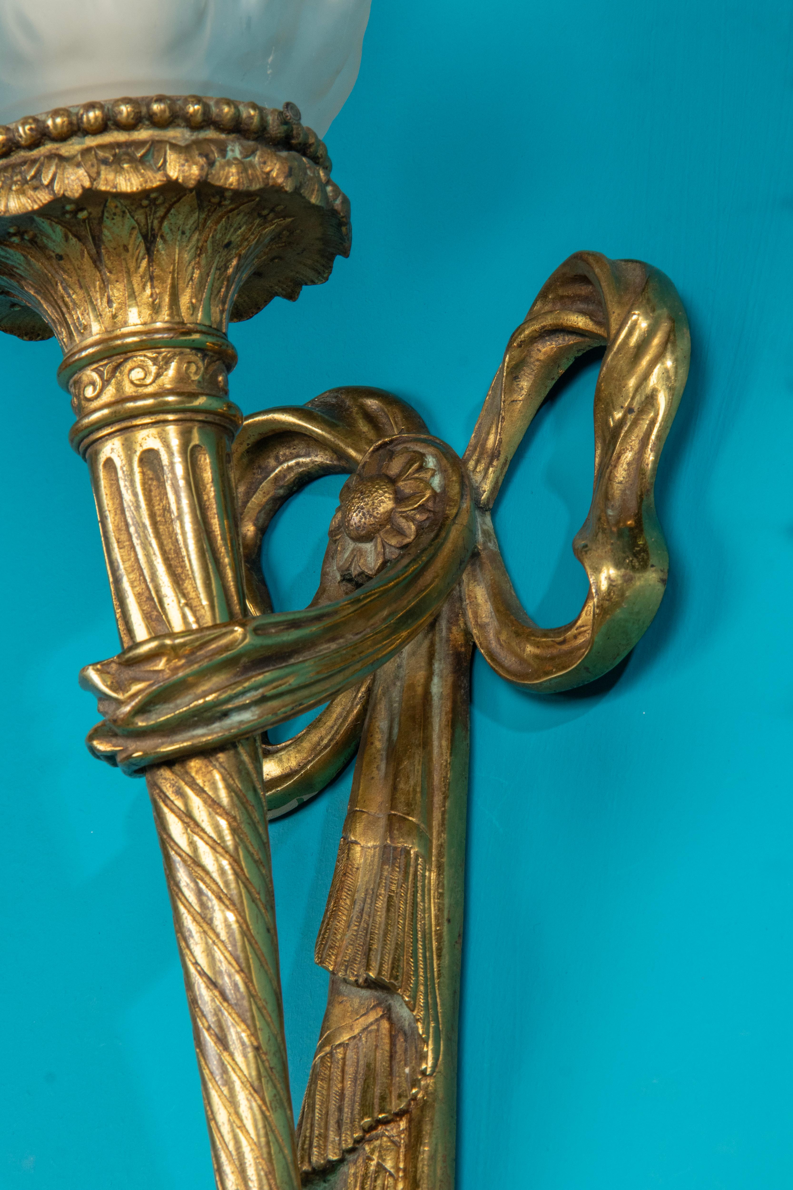 Paar Antike Louis XVI Stil Bronze Wandleuchten / Wandlampen Fackeln im Angebot 6
