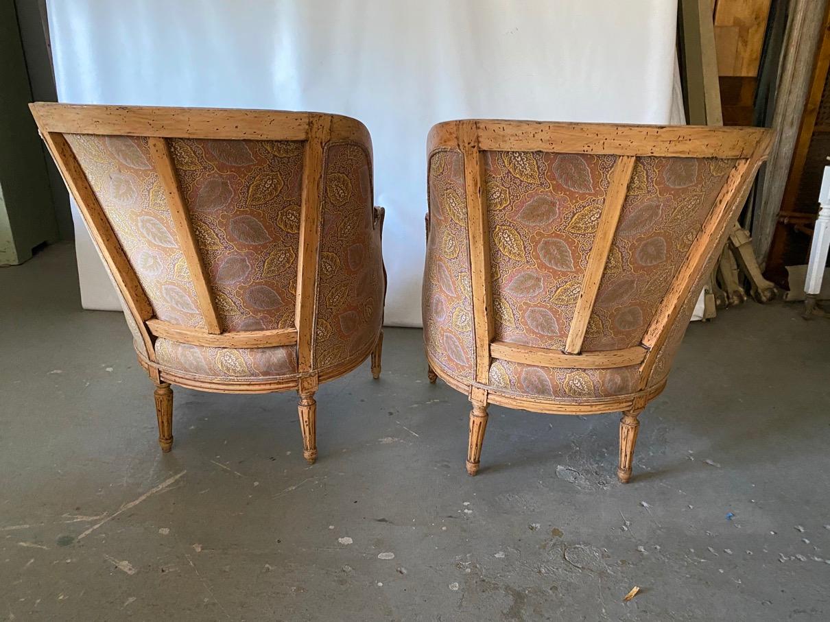 Hand-Carved Pair of Antique Louis XVI Style Down Filled Bergères