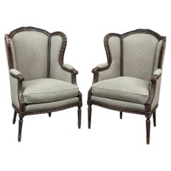 Pair Antique Louis XVI Style French Bergères ~ Armchairs in Walnut