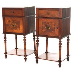 Pair Antique Mahogany Parquetry Marble Top End Tables with Ormolu Mounts, c1900