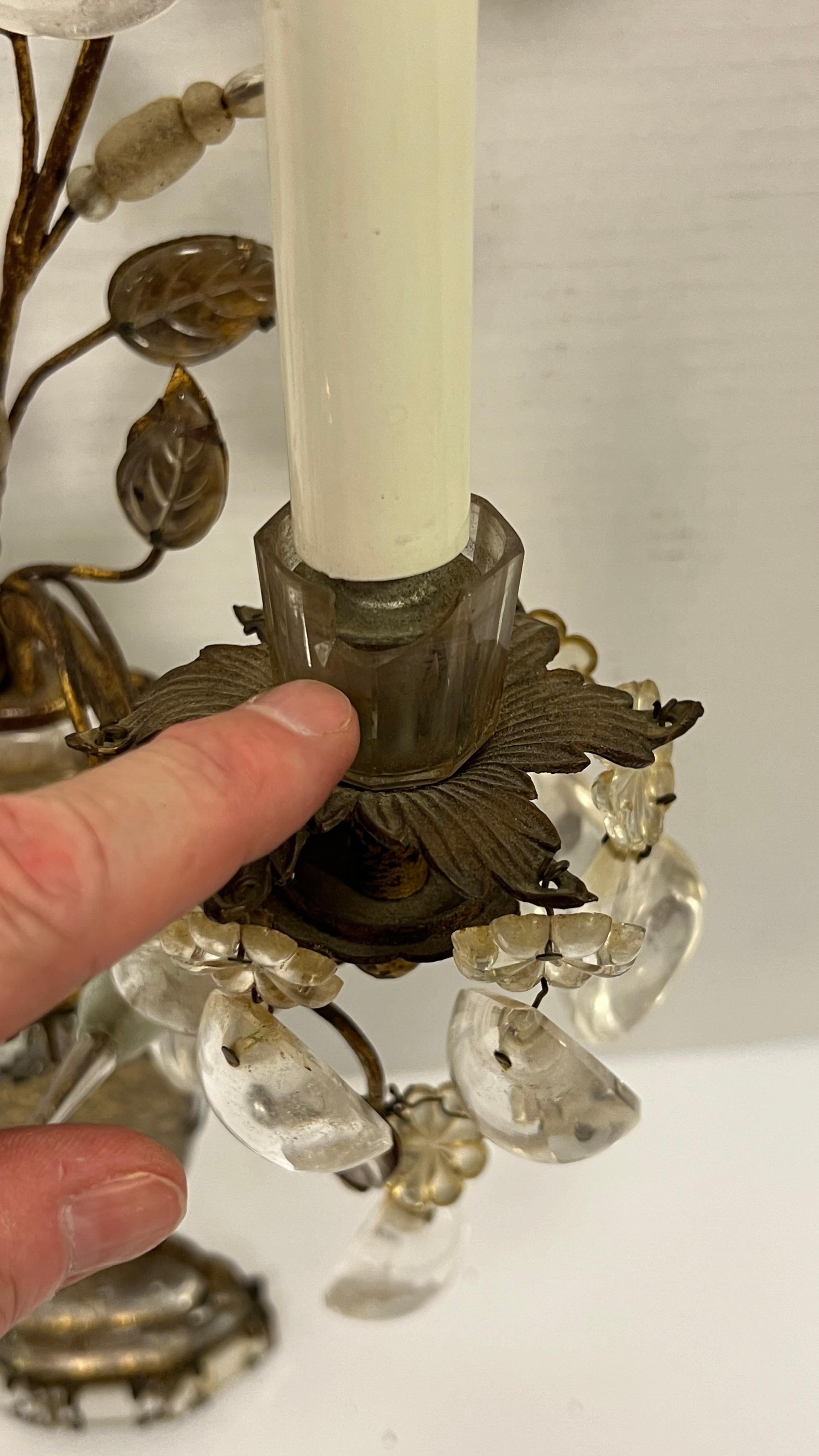 Pair Antique Maison Bagues Gilt Metal and Rock Crystal Sconces 4