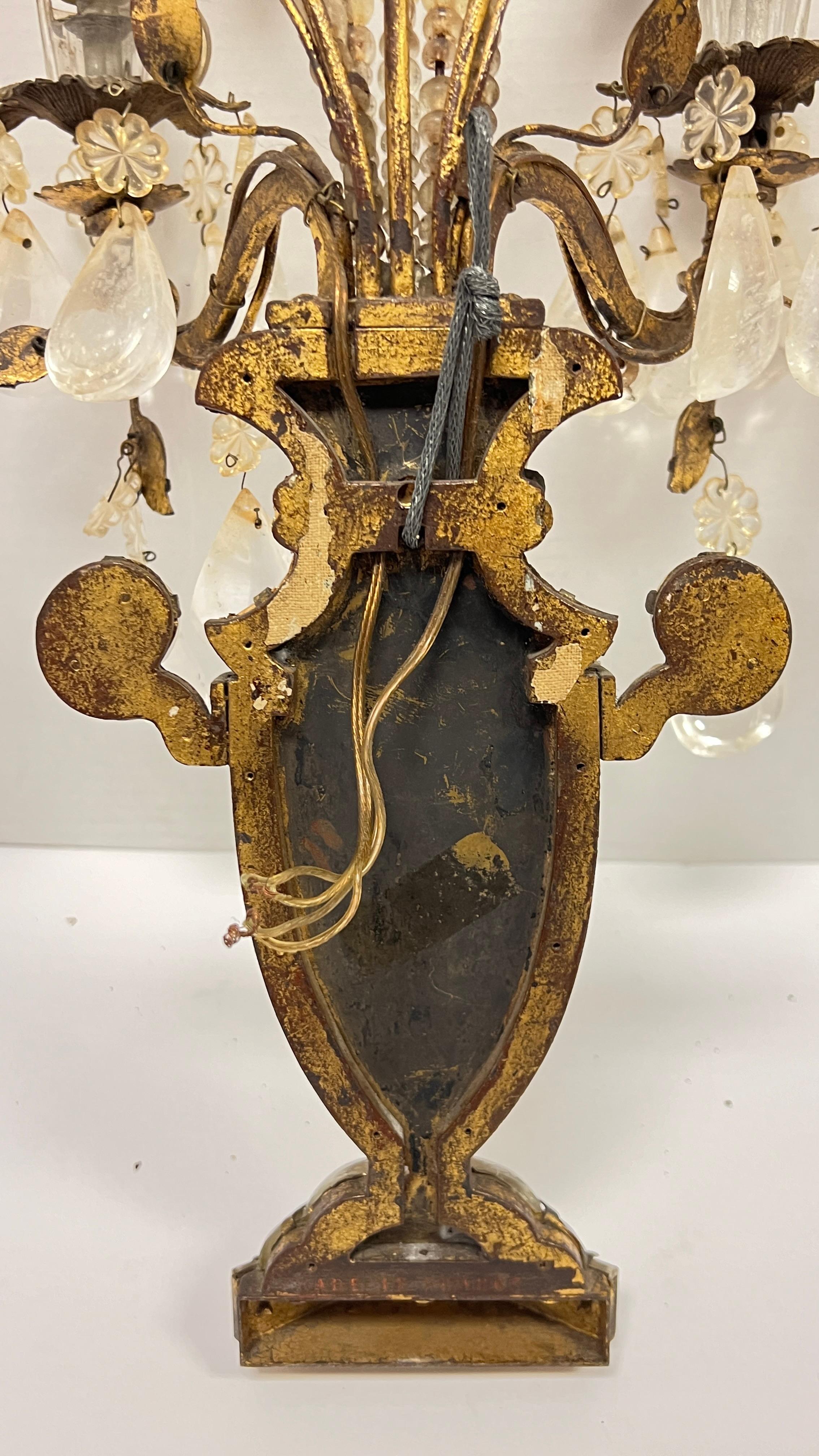Pair Antique Maison Bagues Gilt Metal and Rock Crystal Sconces 10