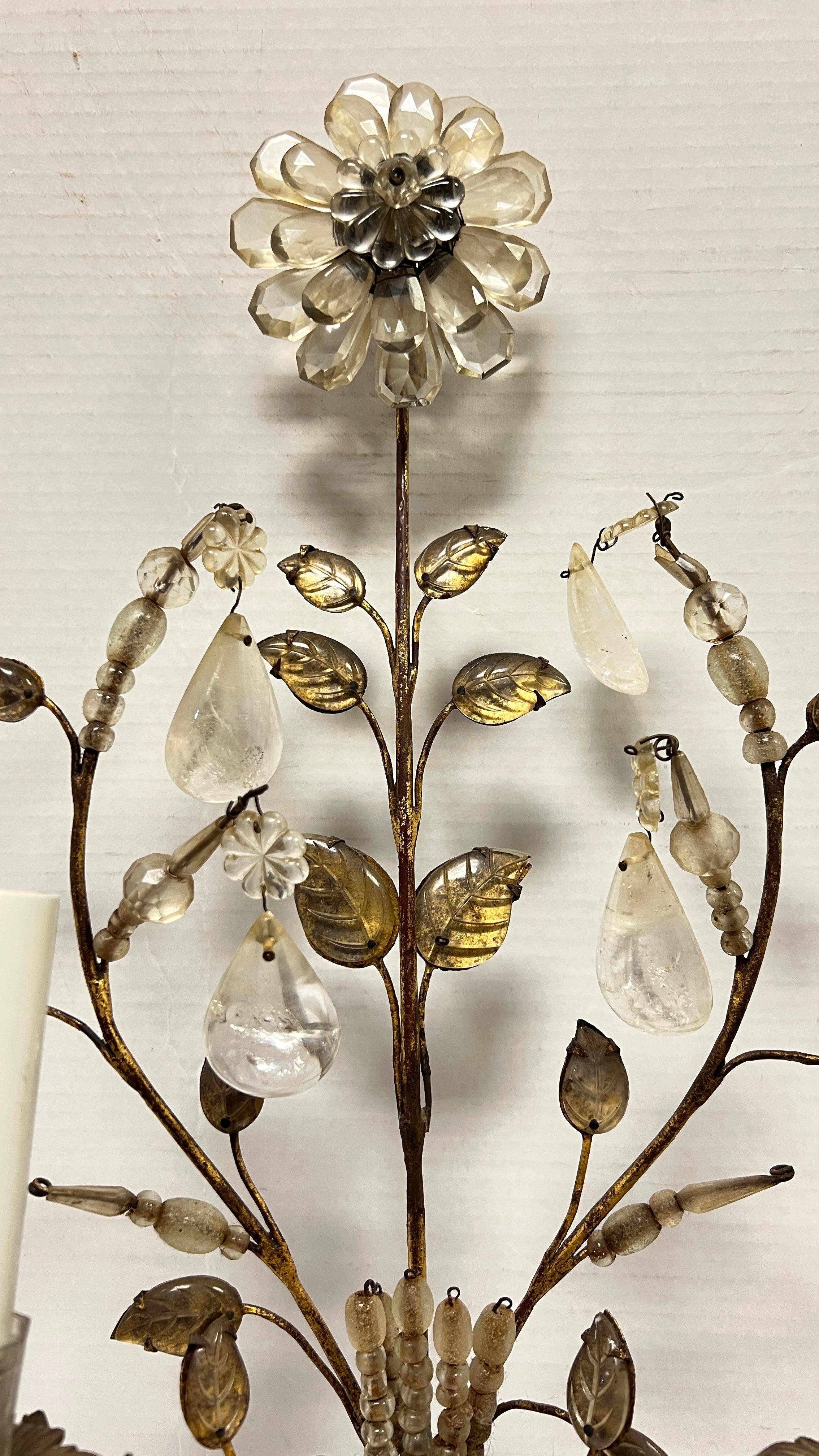 Pair Antique Maison Bagues Gilt Metal and Rock Crystal Sconces 12