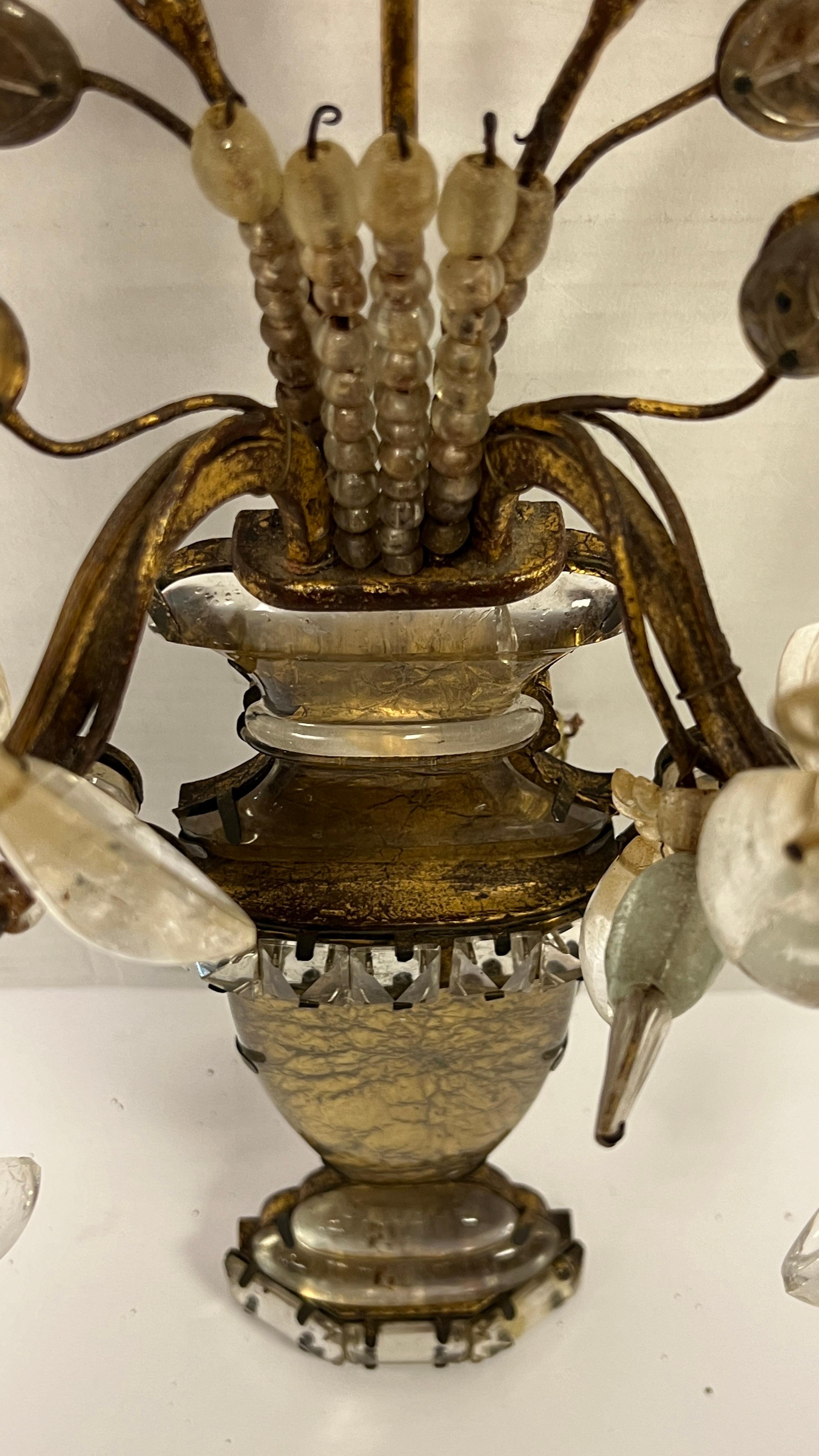 Belle Époque Pair Antique Maison Bagues Gilt Metal and Rock Crystal Sconces