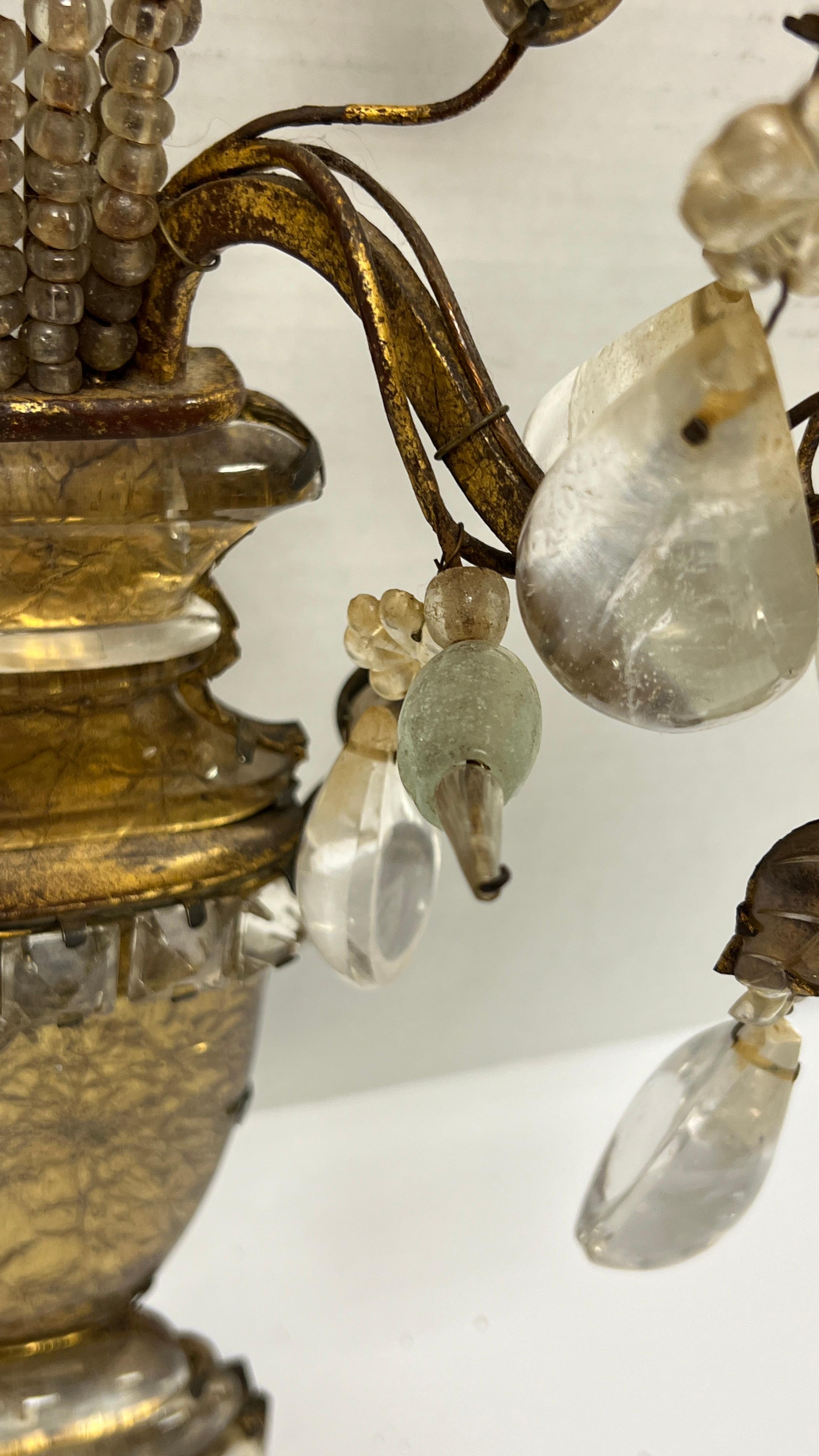 20th Century Pair Antique Maison Bagues Gilt Metal and Rock Crystal Sconces