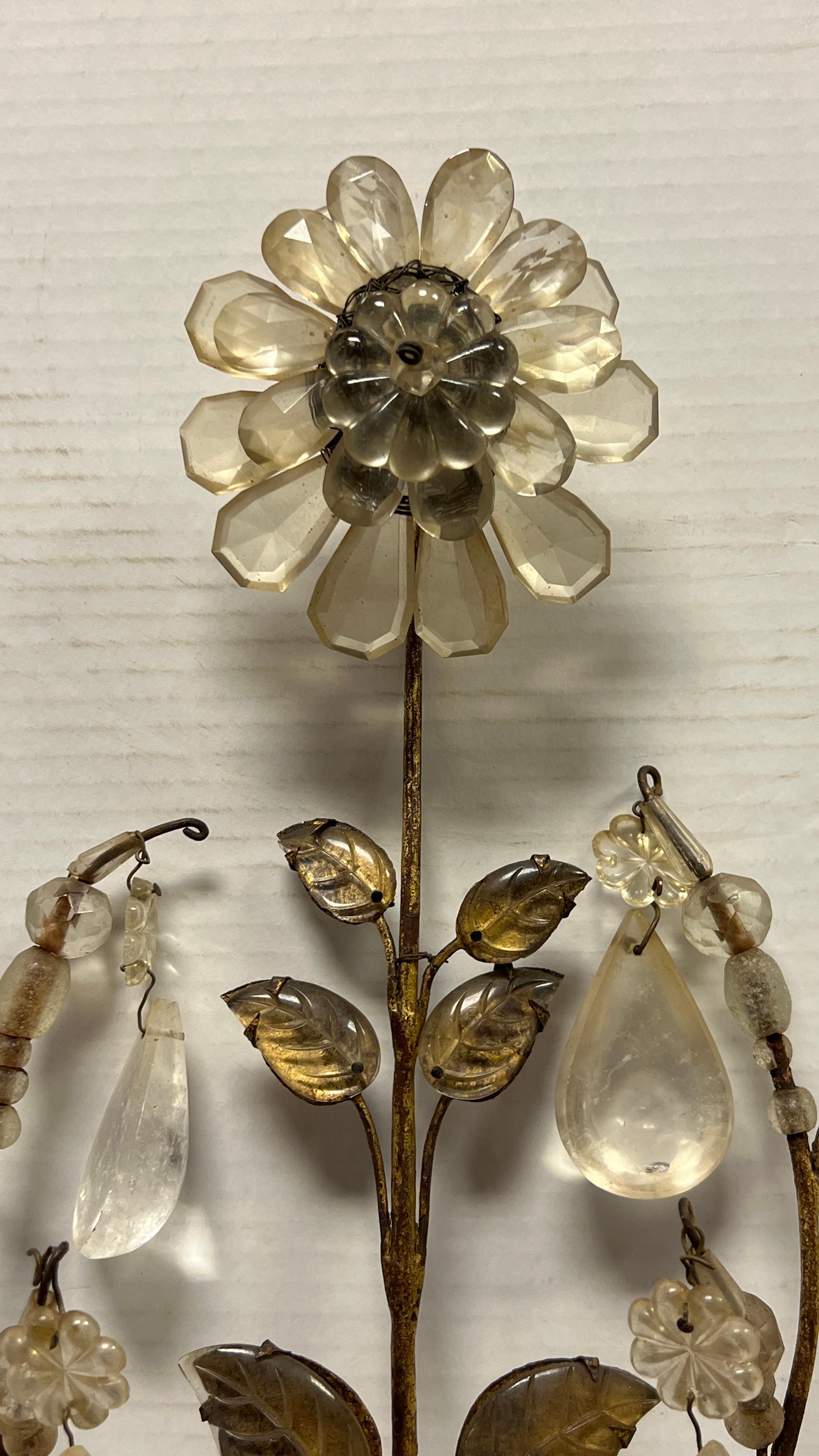 Pair Antique Maison Bagues Gilt Metal and Rock Crystal Sconces 3