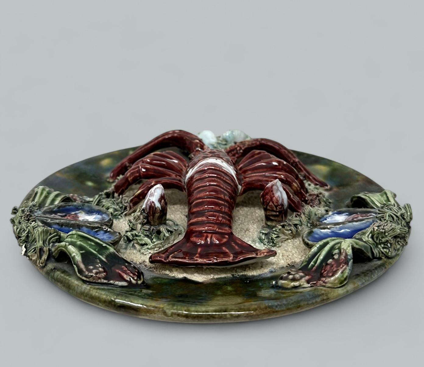 Pair Antique Majolica Palissy Portuguese Charger by Jose A Cunha Lobster Seafood 5