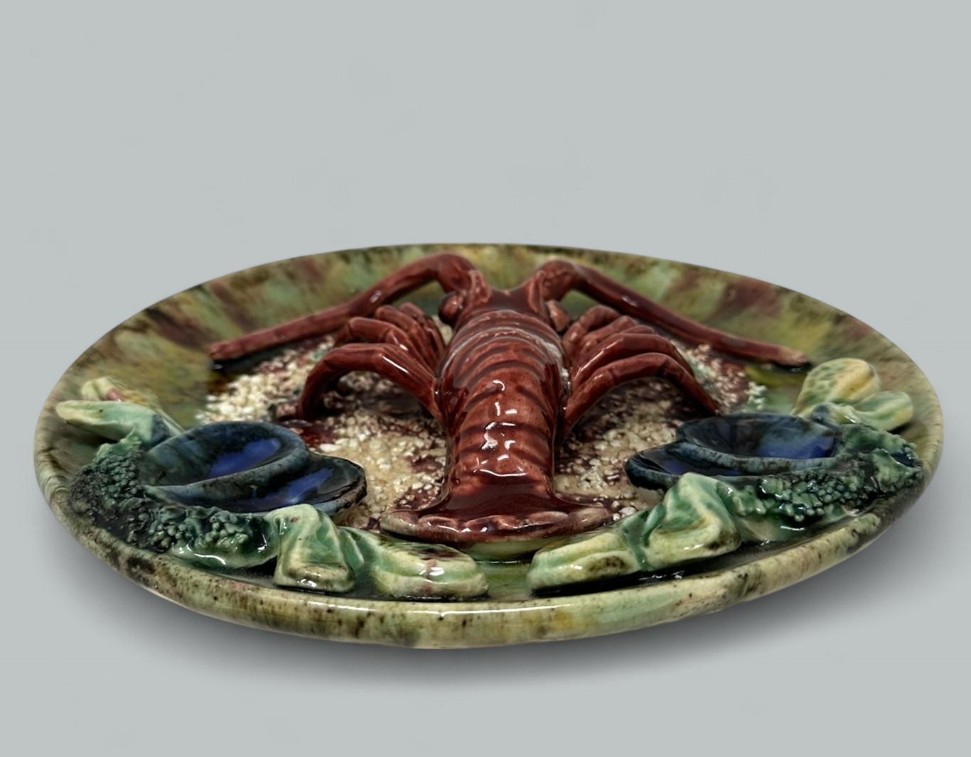 Pair Antique Majolica Palissy Portuguese Charger by Jose A Cunha Lobster Seafood 6