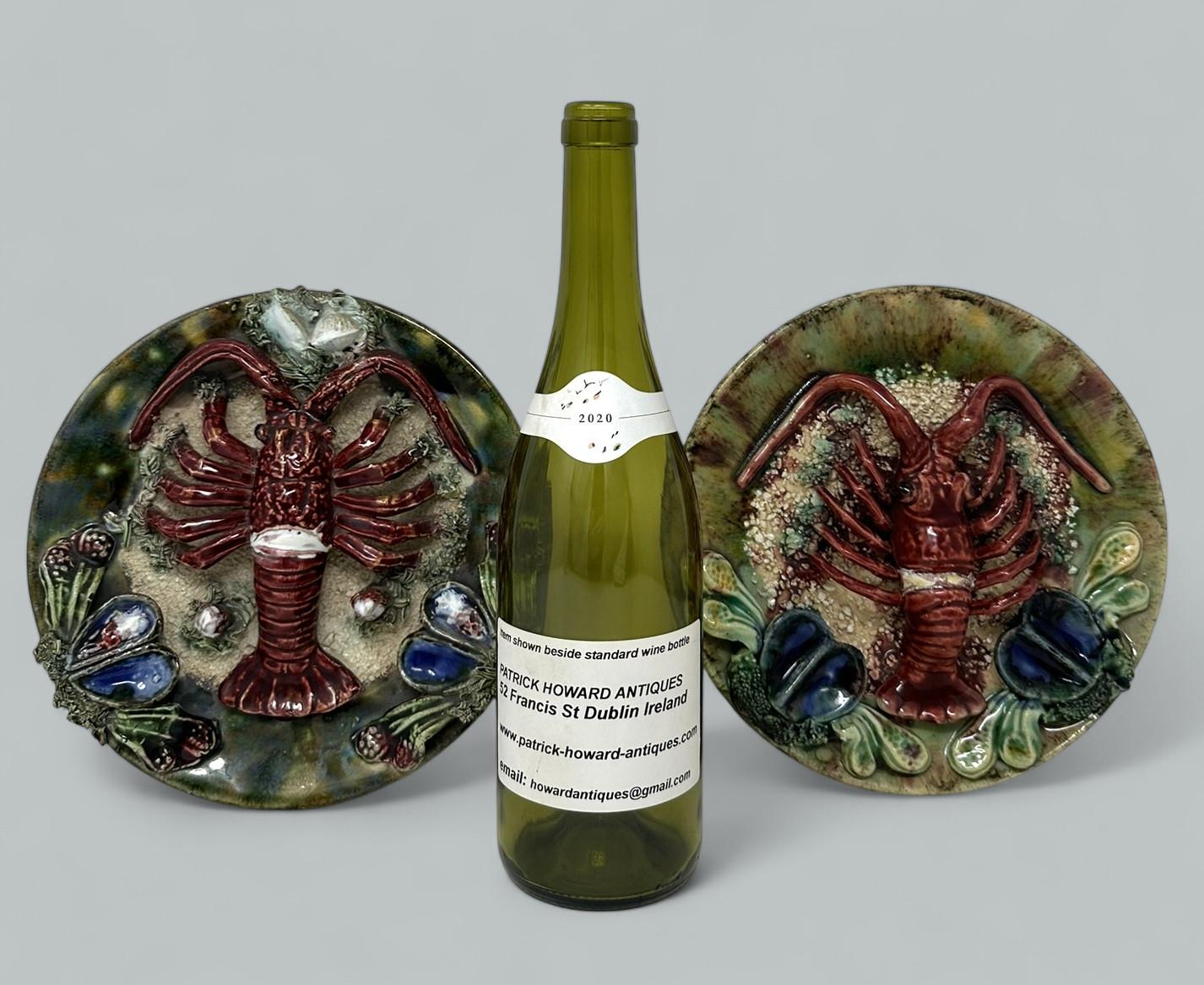 Pair Antique Majolica Palissy Portuguese Charger by Jose A Cunha Lobster Seafood 10