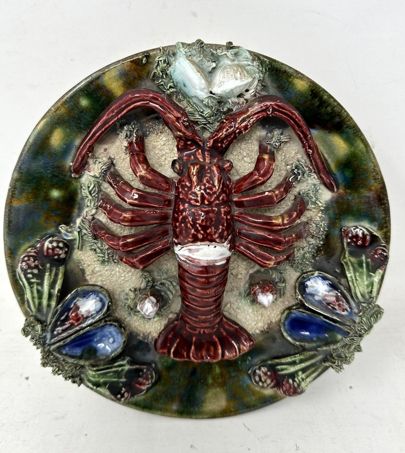 Edwardian Pair Antique Majolica Palissy Portuguese Charger by Jose A Cunha Lobster Seafood