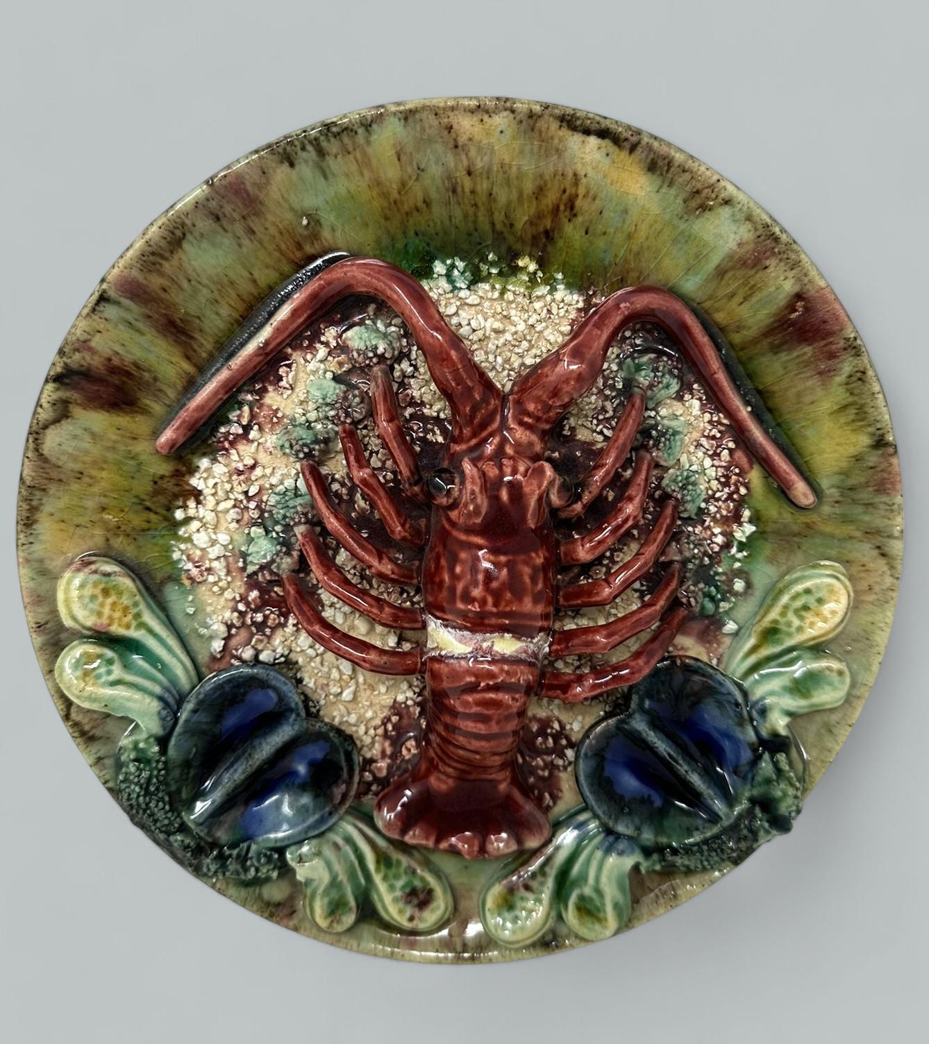 Pair Antique Majolica Palissy Portuguese Charger by Jose A Cunha Lobster Seafood In Good Condition In Dublin, Ireland