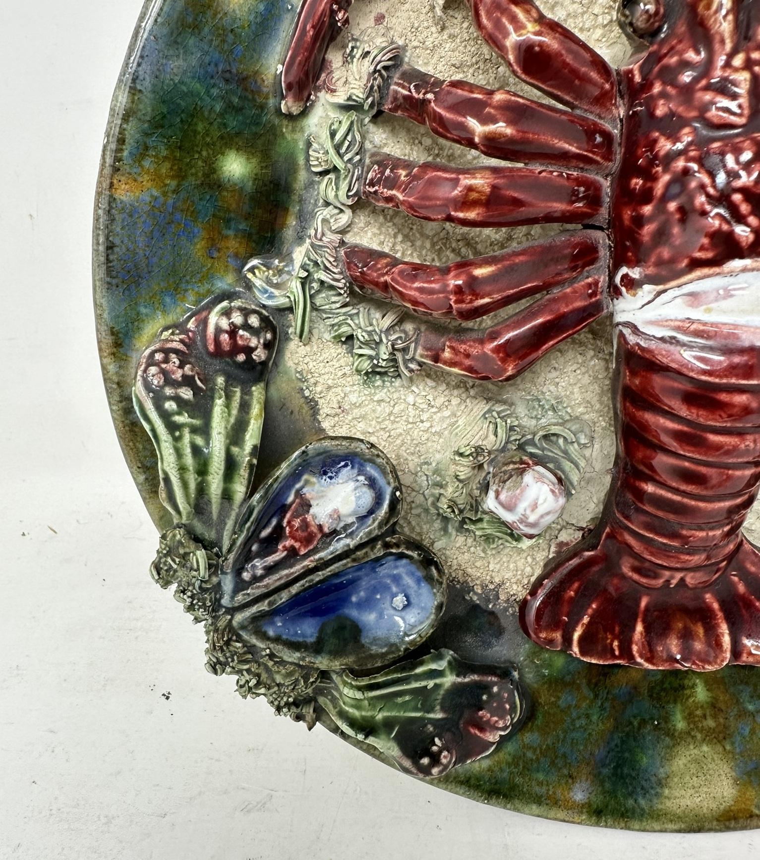 19th Century Pair Antique Majolica Palissy Portuguese Charger by Jose A Cunha Lobster Seafood