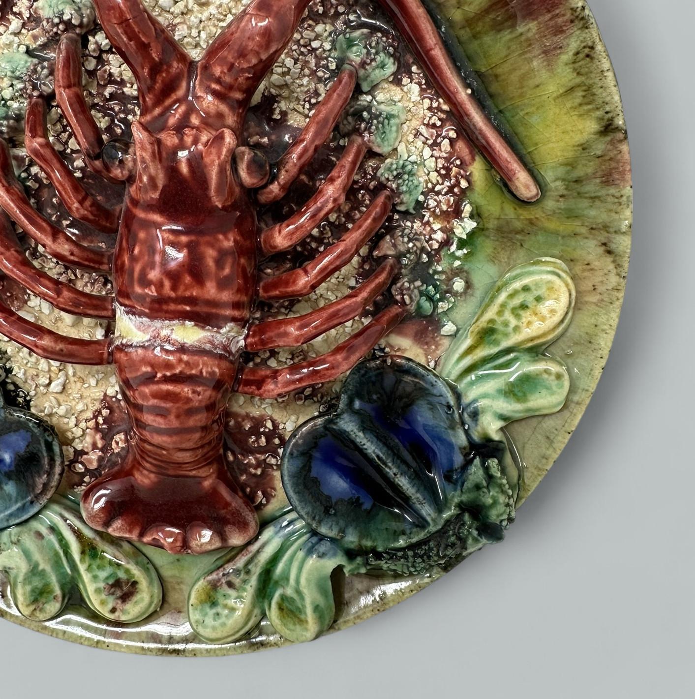 Pair Antique Majolica Palissy Portuguese Charger by Jose A Cunha Lobster Seafood 2