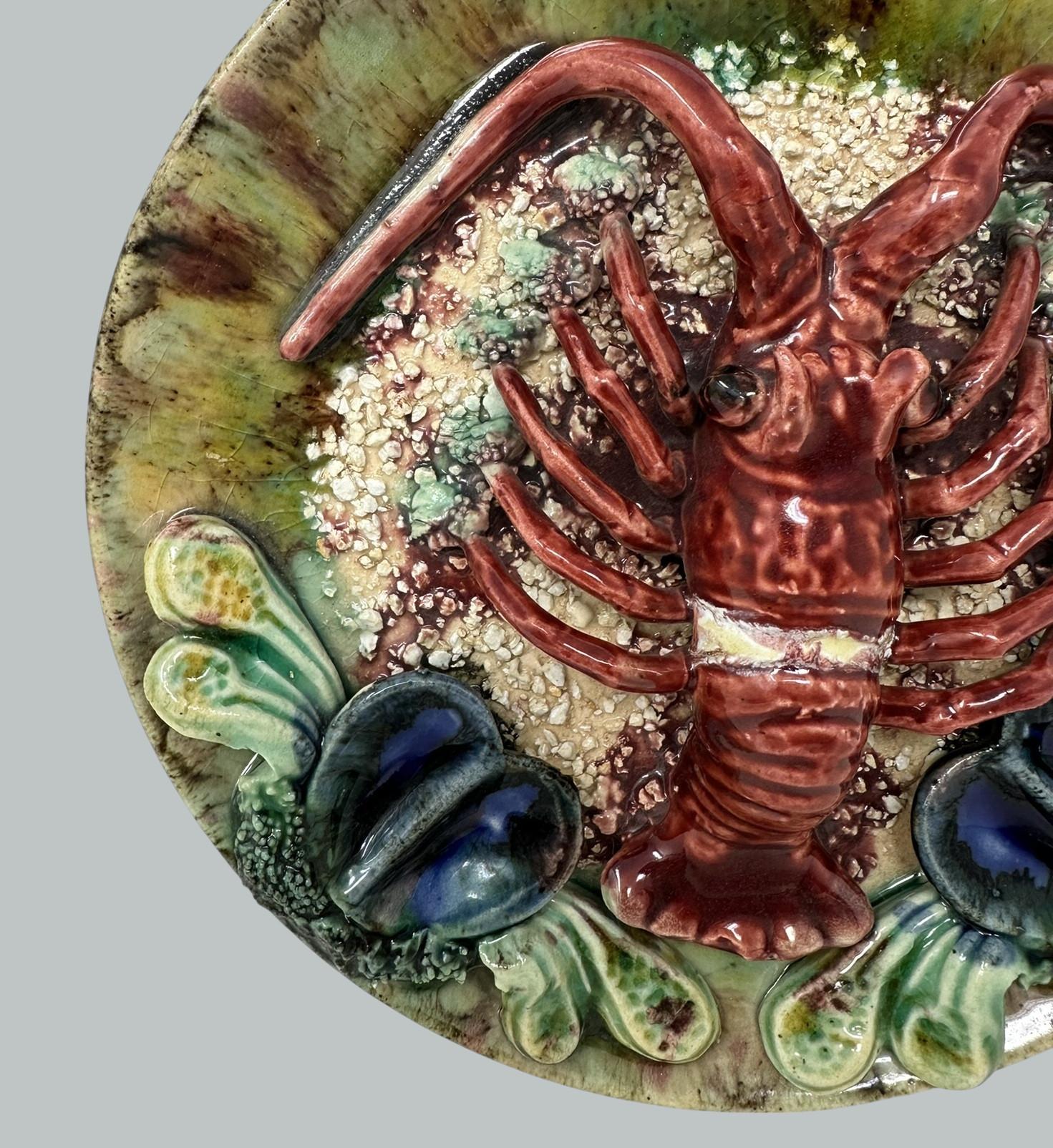 Pair Antique Majolica Palissy Portuguese Charger by Jose A Cunha Lobster Seafood 3