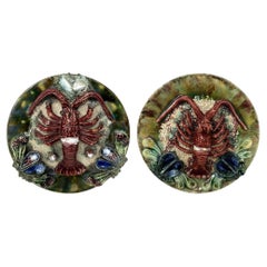 Pair Antique Majolica Palissy Portuguese Charger by Jose A Cunha Lobster Seafood