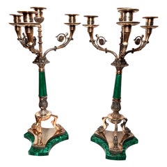 Pair Antique Malachite Candelabra Bronze D'ore, Circa 1900