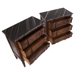 Pair Antique Marble Top Finely Carved 3 Drawers Brass Pulls Bachelor Chests MINT